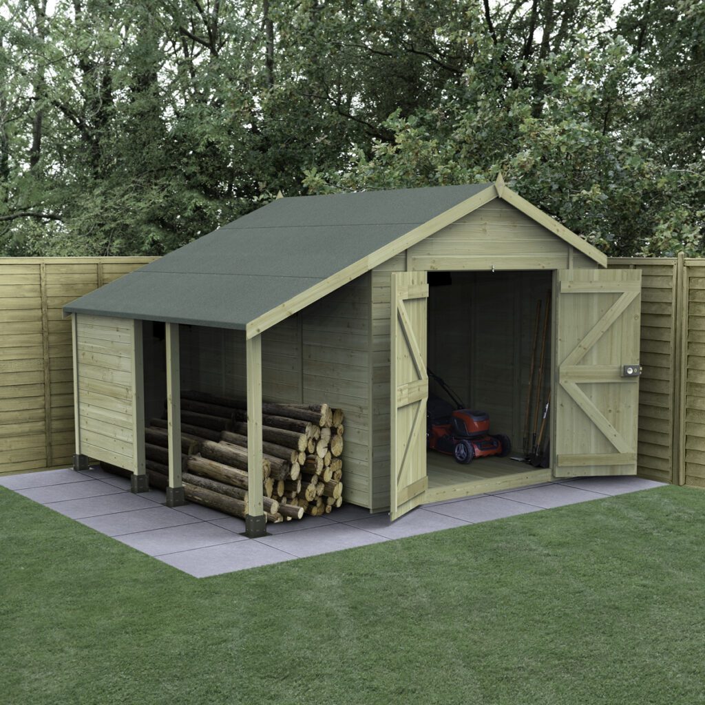 Timberdale 10×8 Apex Shed No Window – Double Door With Log Store with Installation 5013053196106 2